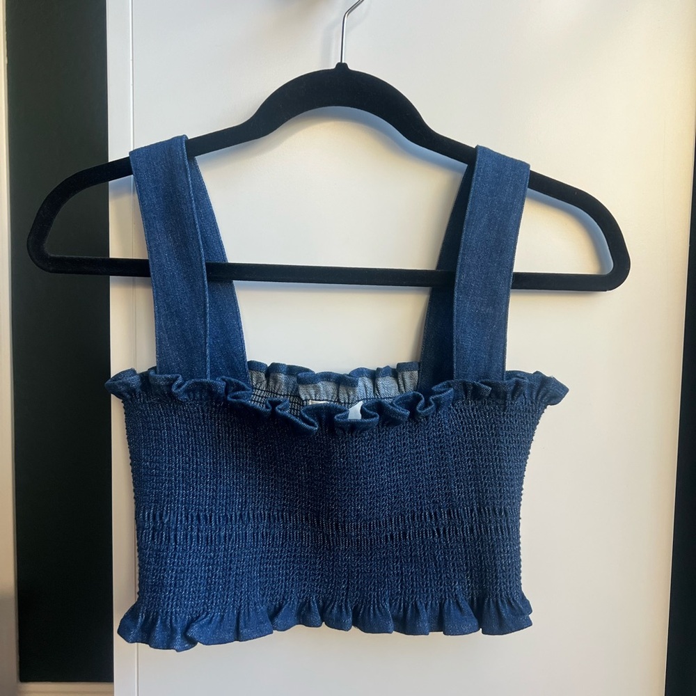 Blue Smocked Ruffle Crop Top